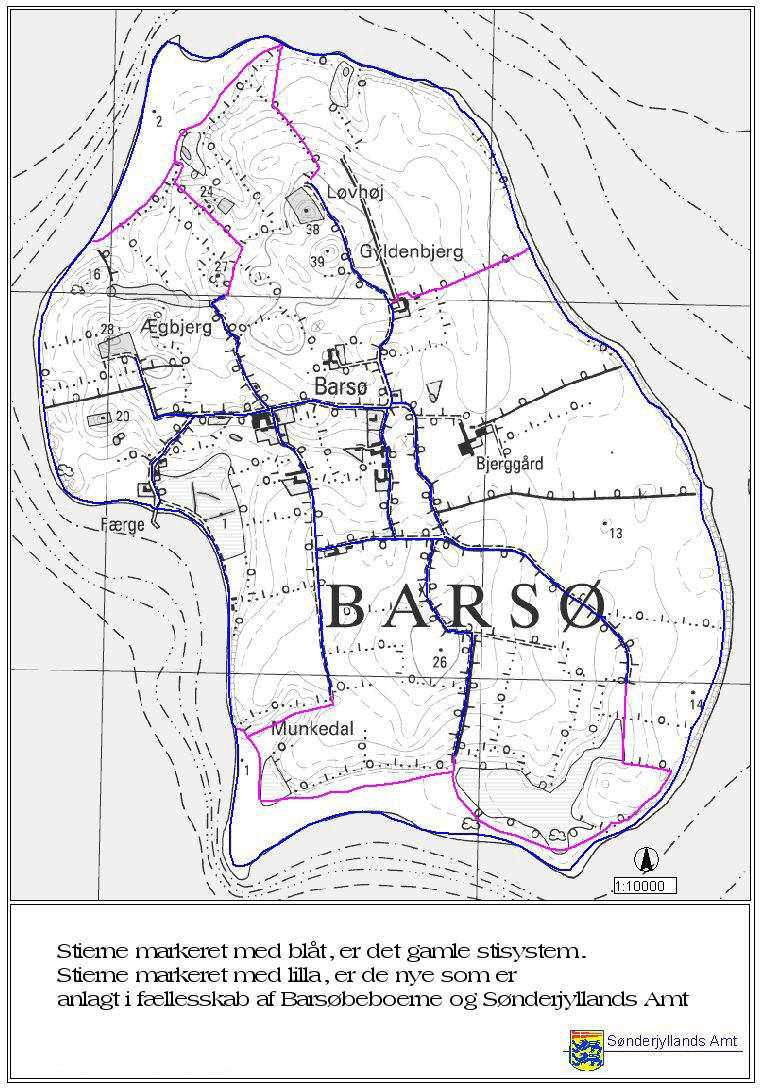 Kort over Barsø med Gyldenbjerg, Munkedal, Søndermai og stier